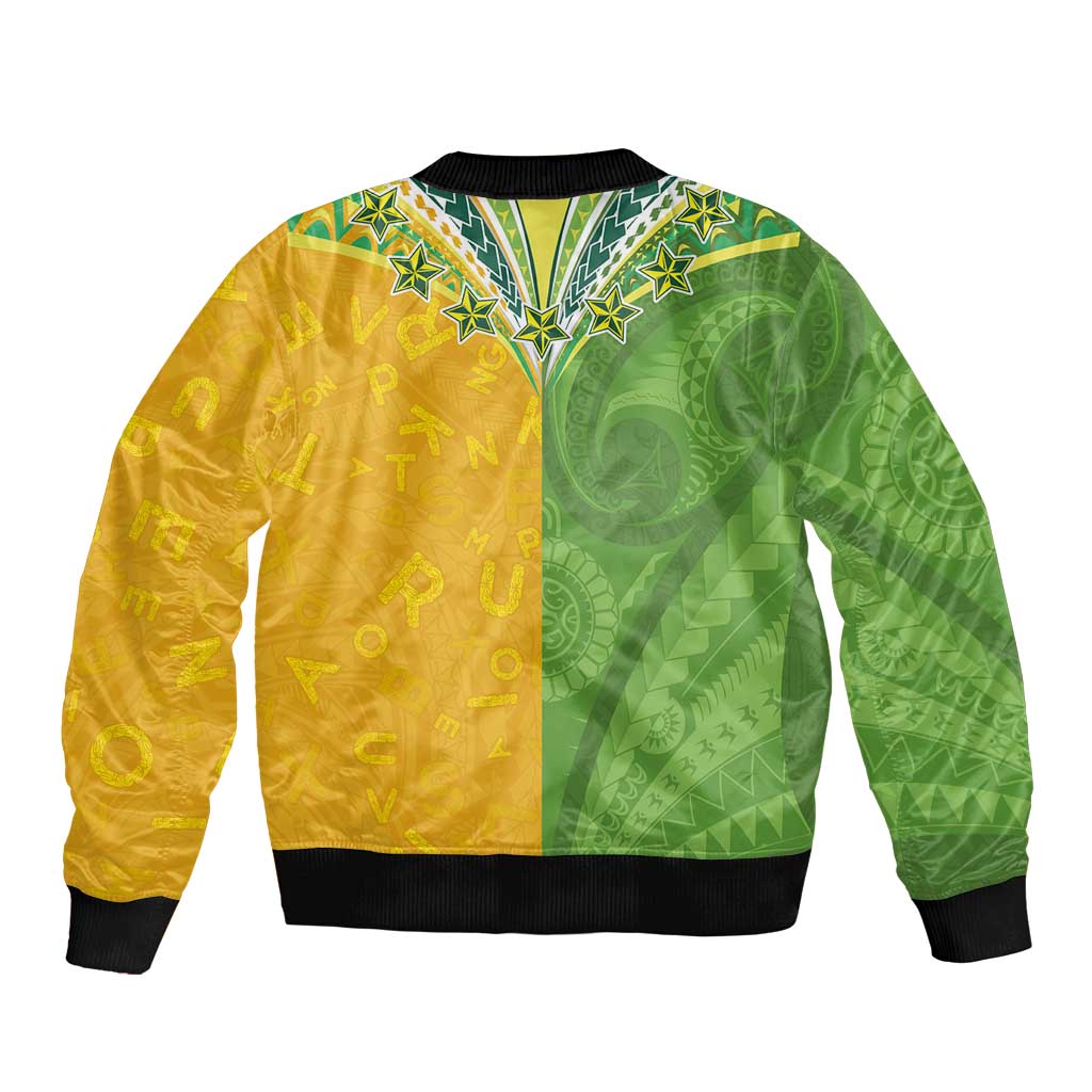 Cook Islands Language Week Bomber Jacket Tatau Pattern and Rarotongan Alphabet - Polynesian Pride