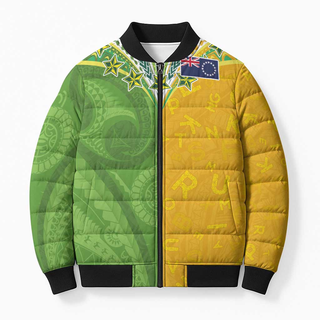 Cook Islands Language Week Bomber Puffer Jacket Tatau Pattern and Rarotongan Alphabet - Polynesian Pride