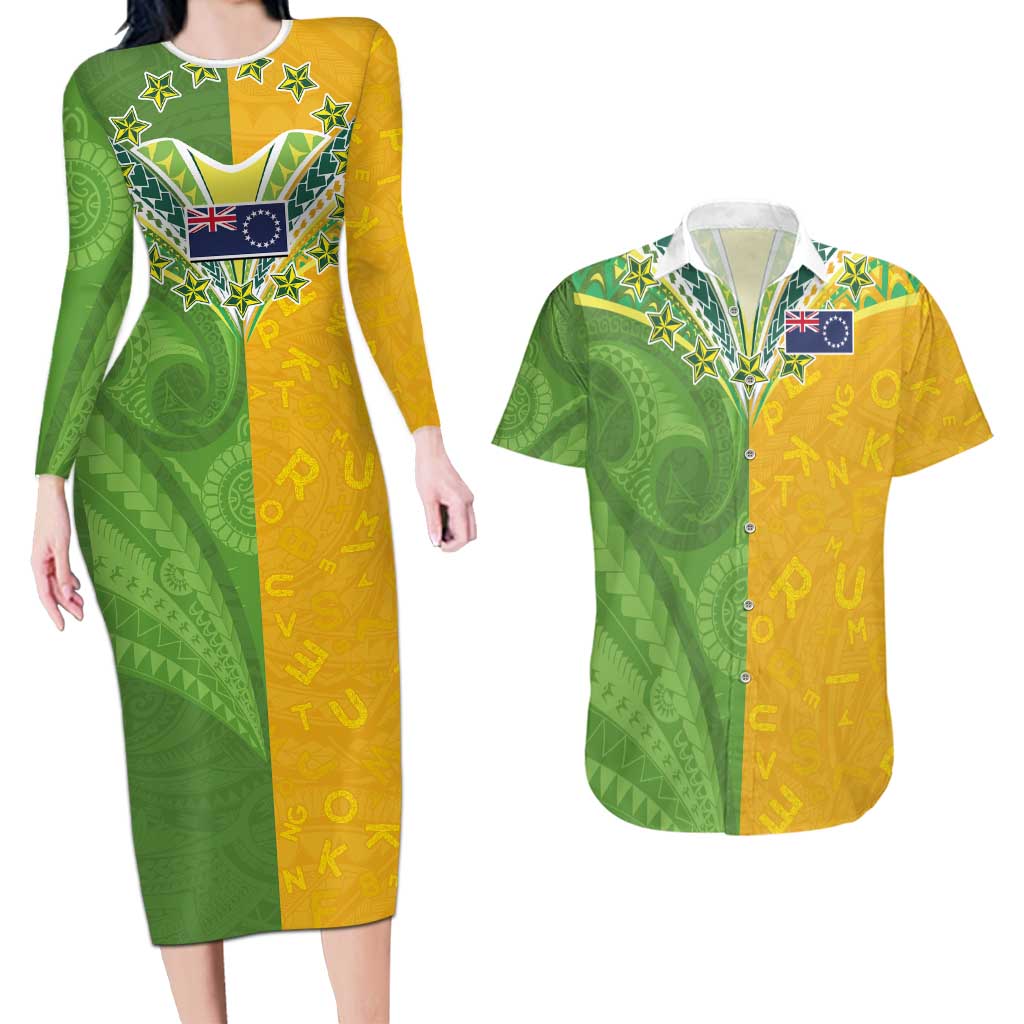 Cook Islands Language Week Couples Matching Long Sleeve Bodycon Dress and Hawaiian Shirt Tatau Pattern and Rarotongan Alphabet - Polynesian Pride