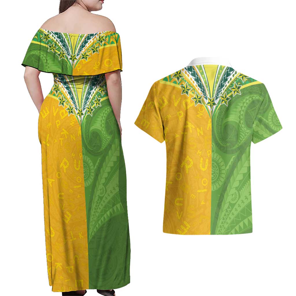 Cook Islands Language Week Couples Matching Off Shoulder Maxi Dress and Hawaiian Shirt Tatau Pattern and Rarotongan Alphabet - Polynesian Pride