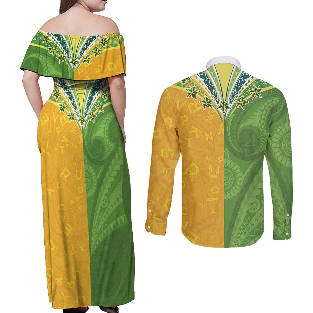 Cook Islands Language Week Couples Matching Off Shoulder Maxi Dress and Long Sleeve Button Shirt Tatau Pattern and Rarotongan Alphabet - Polynesian Pride