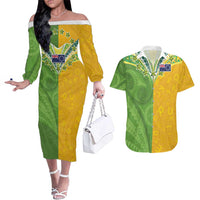 Cook Islands Language Week Couples Matching Off The Shoulder Long Sleeve Dress and Hawaiian Shirt Tatau Pattern and Rarotongan Alphabet - Polynesian Pride