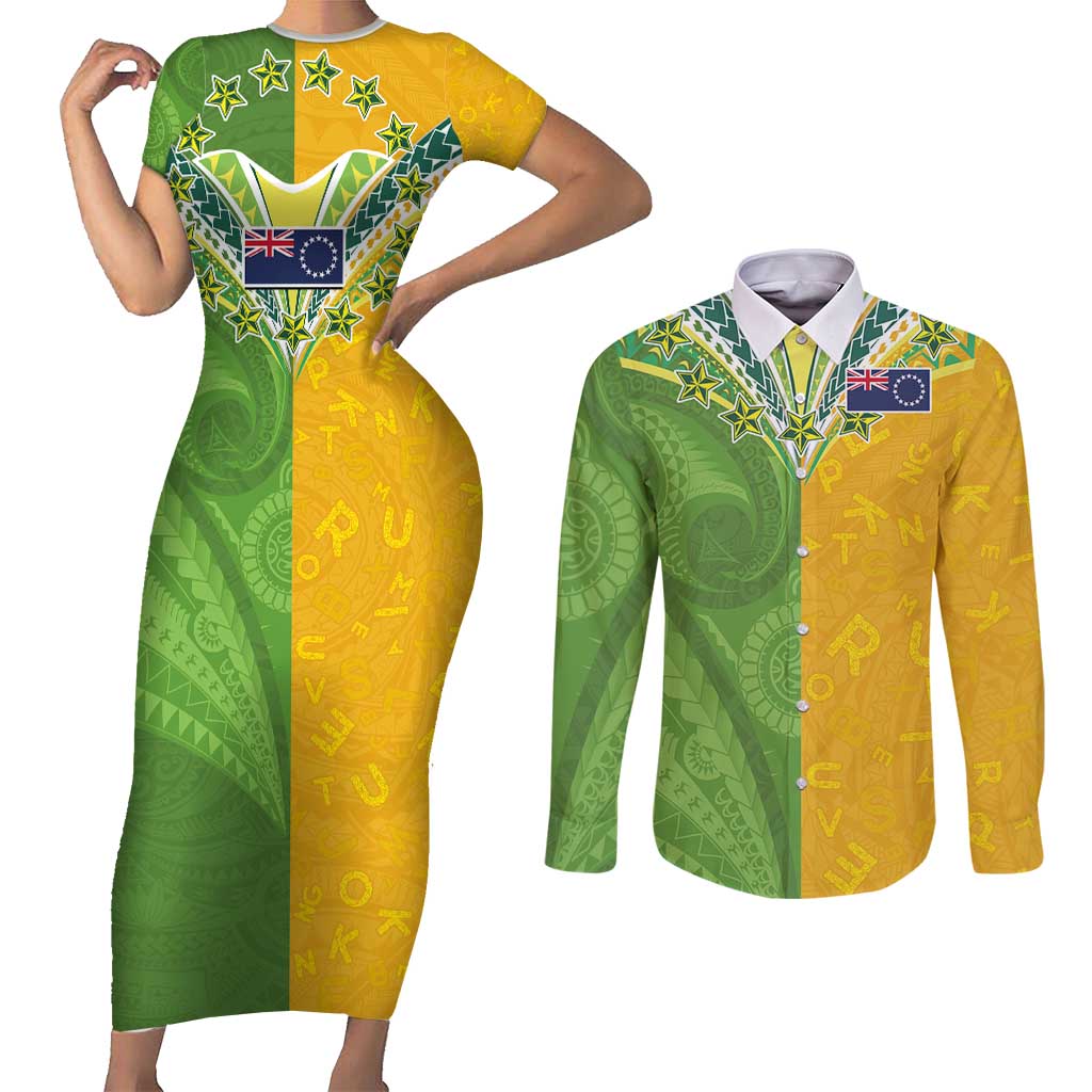 Cook Islands Language Week Couples Matching Short Sleeve Bodycon Dress and Long Sleeve Button Shirt Tatau Pattern and Rarotongan Alphabet - Polynesian Pride