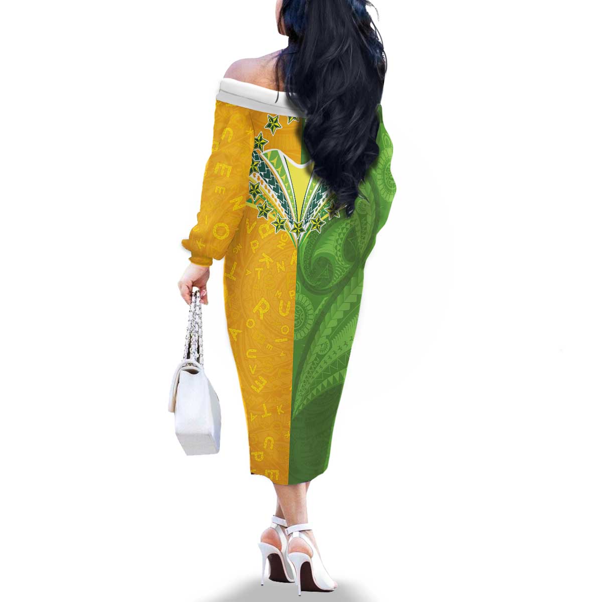 Cook Islands Language Week Family Matching Off The Shoulder Long Sleeve Dress and Hawaiian Shirt Tatau Pattern and Rarotongan Alphabet - Polynesian Pride