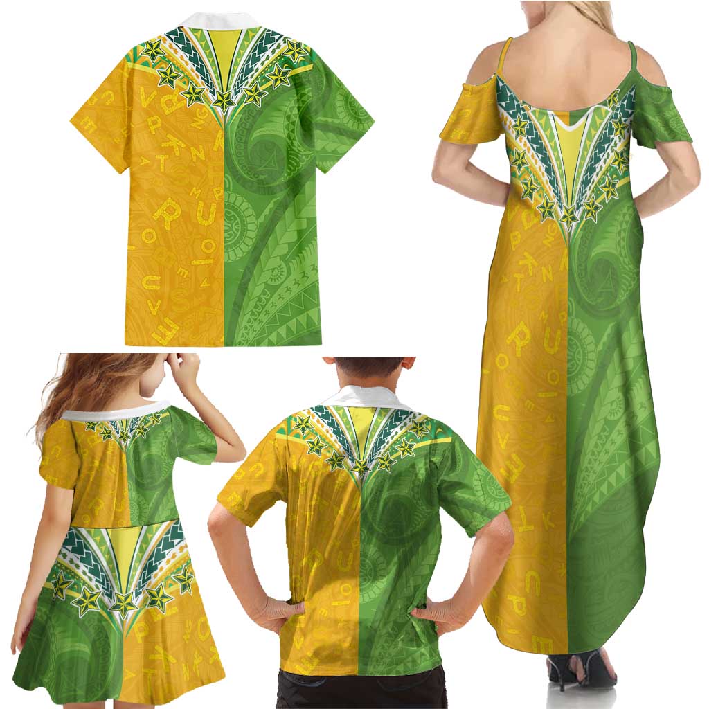 Cook Islands Language Week Family Matching Summer Maxi Dress and Hawaiian Shirt Tatau Pattern and Rarotongan Alphabet - Polynesian Pride