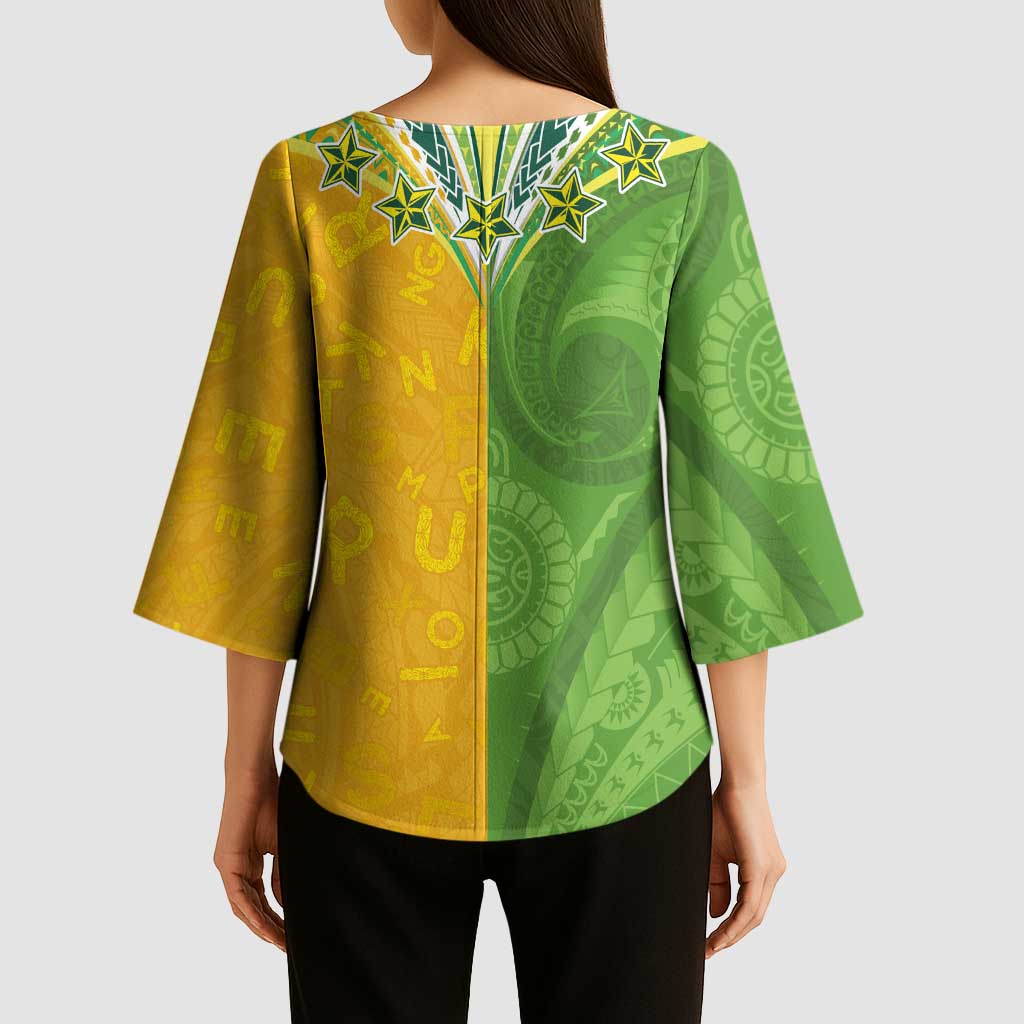 Cook Islands Language Week Kimono Sleeve Blouse Tatau Pattern and Rarotongan Alphabet - Polynesian Pride