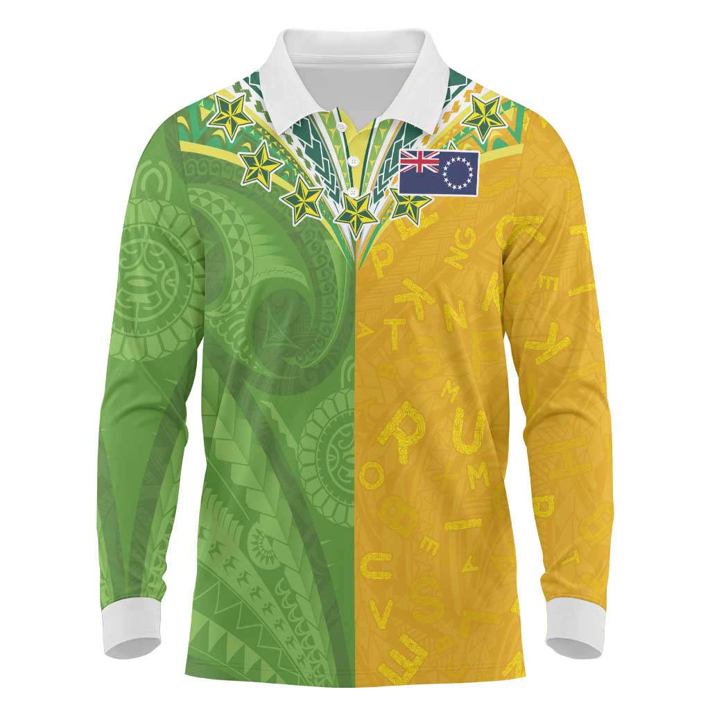 Cook Islands Language Week Long Sleeve Polo Shirt Tatau Pattern and Rarotongan Alphabet - Polynesian Pride