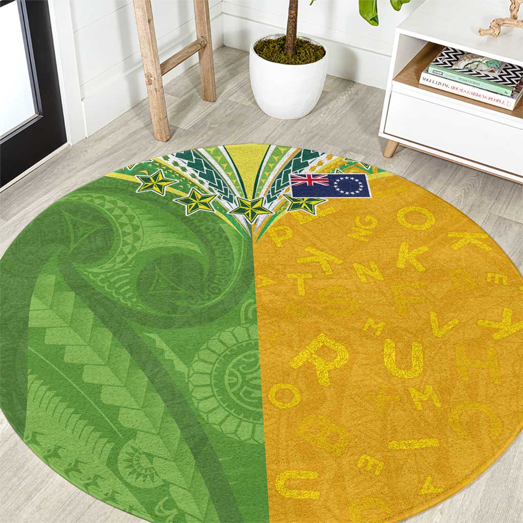 Cook Islands Language Week Round Carpet Tatau Pattern and Rarotongan Alphabet - Polynesian Pride