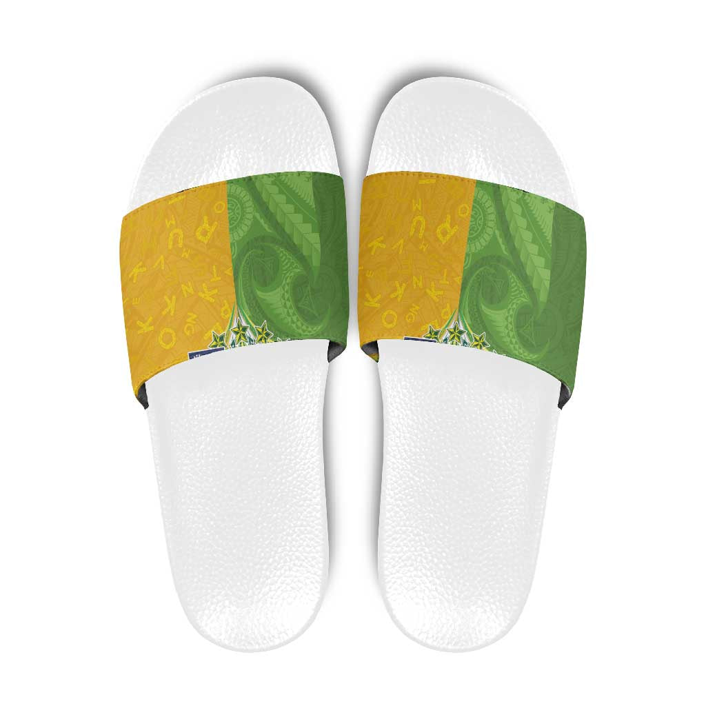 Cook Islands Language Week Slide Sandals Tatau Pattern and Rarotongan Alphabet - Polynesian Pride