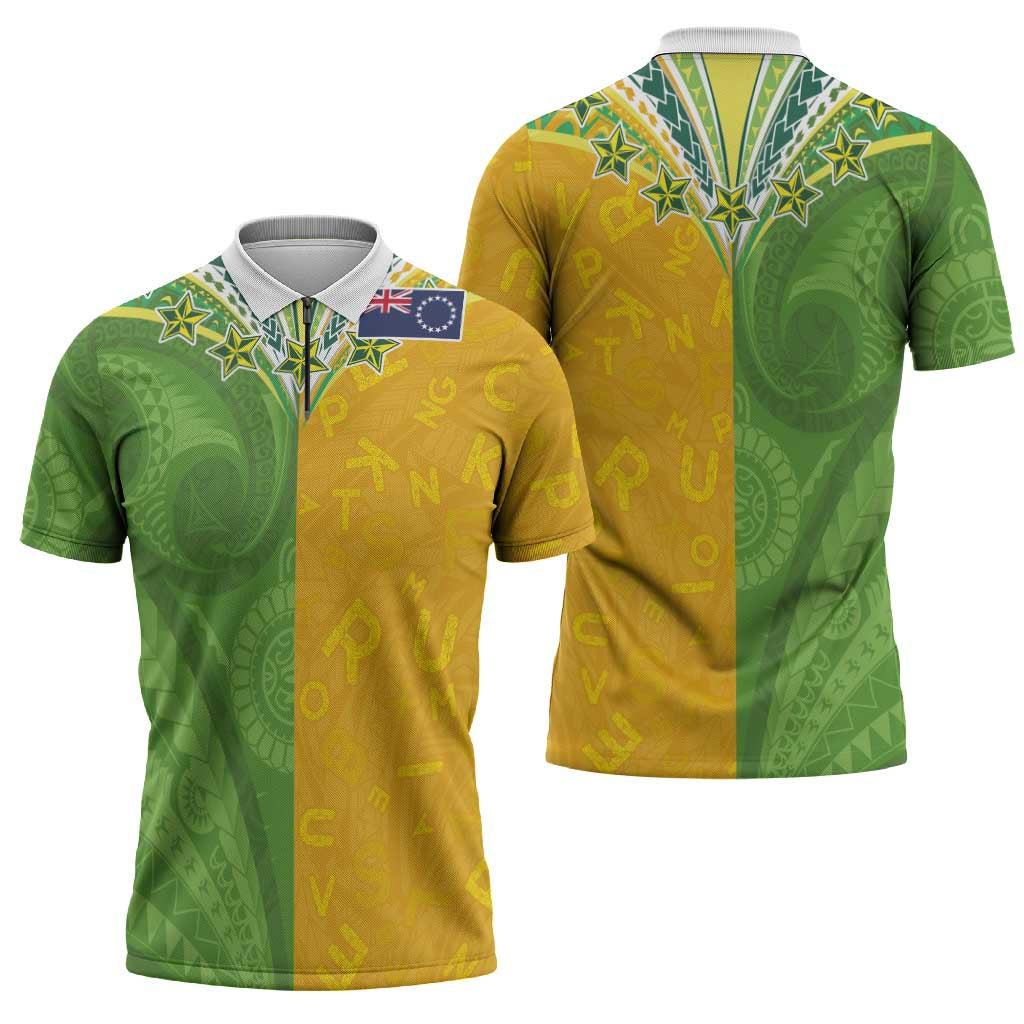 Cook Islands Language Week Zipper Polo Shirt Tatau Pattern and Rarotongan Alphabet - Polynesian Pride