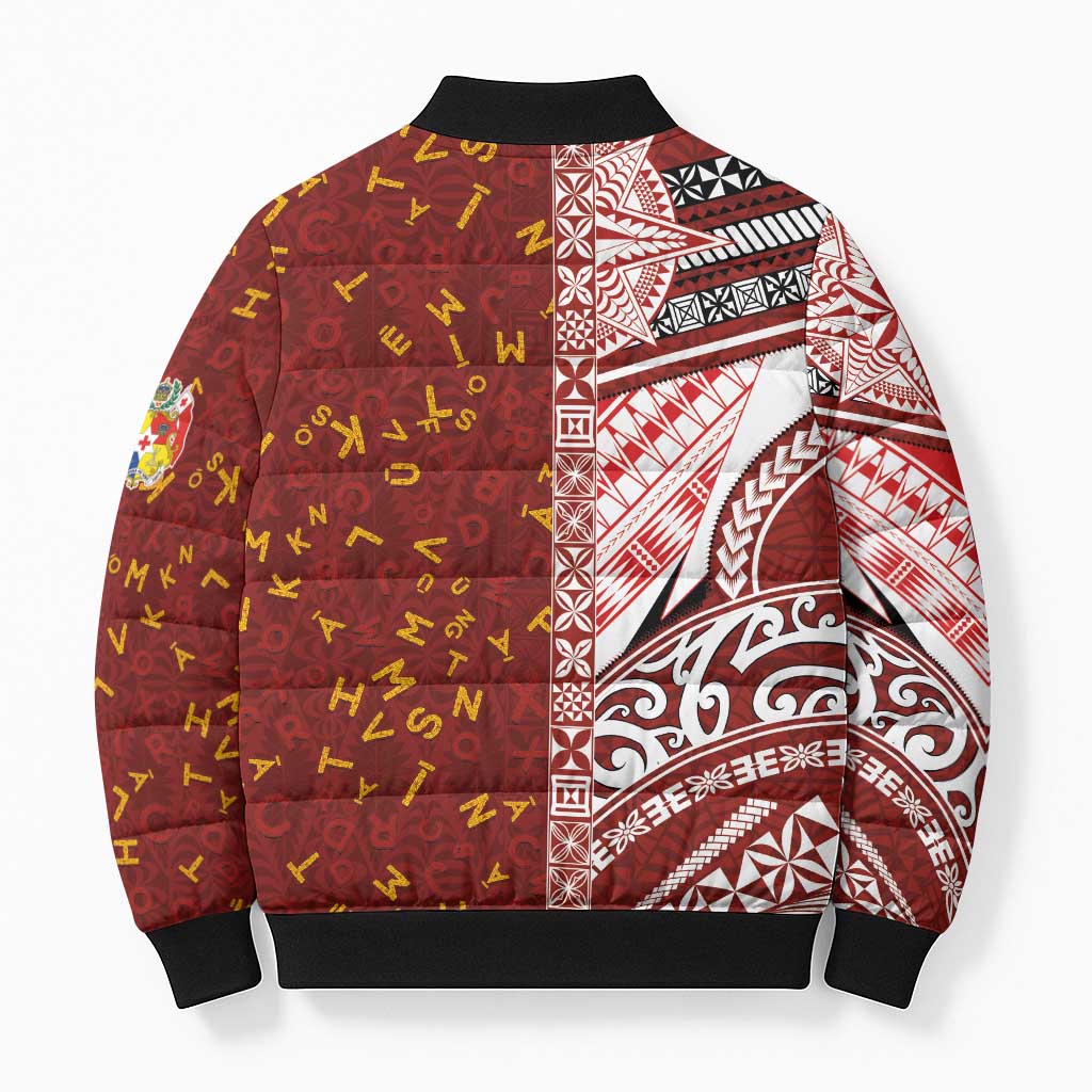 Tonga Language Week Bomber Puffer Jacket Ngatu Pattern and Tongan Alphabet LT03 - Polynesian Pride