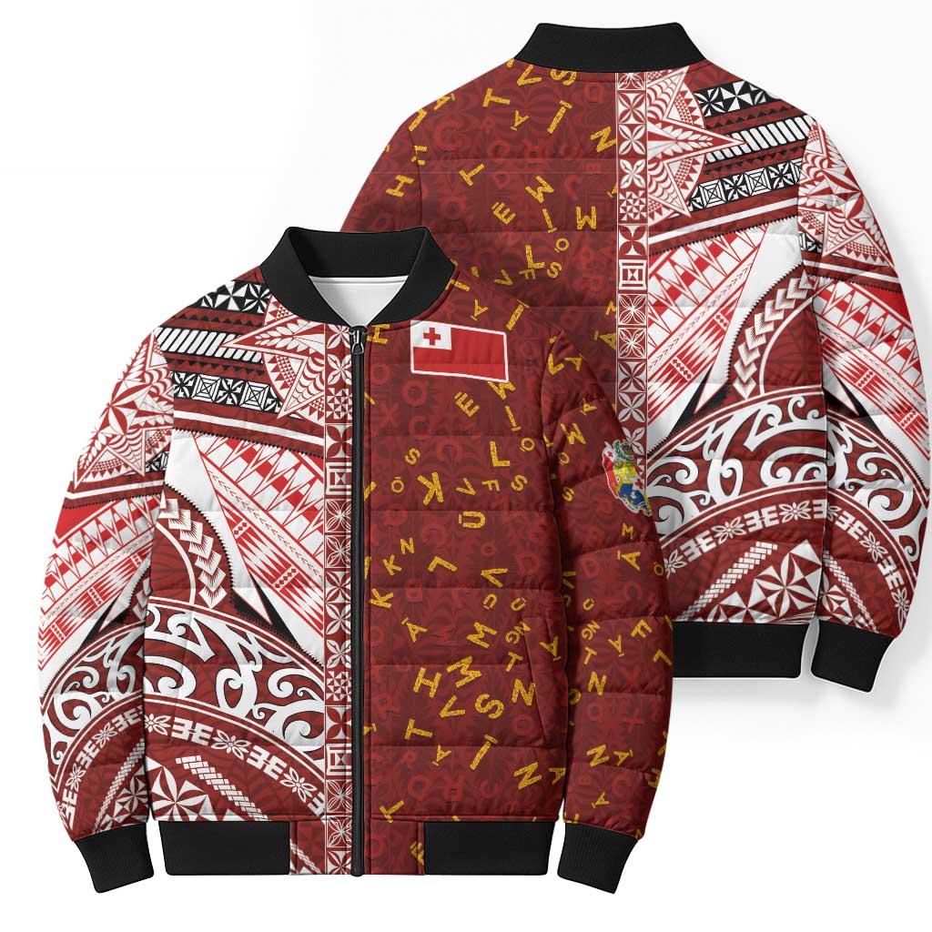Tonga Language Week Bomber Puffer Jacket Ngatu Pattern and Tongan Alphabet LT03 - Polynesian Pride