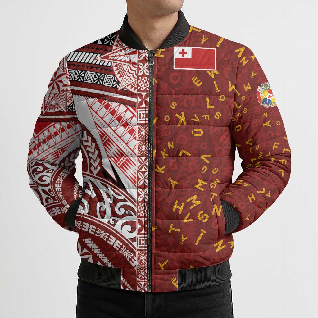 Tonga Language Week Bomber Puffer Jacket Ngatu Pattern and Tongan Alphabet LT03 - Polynesian Pride
