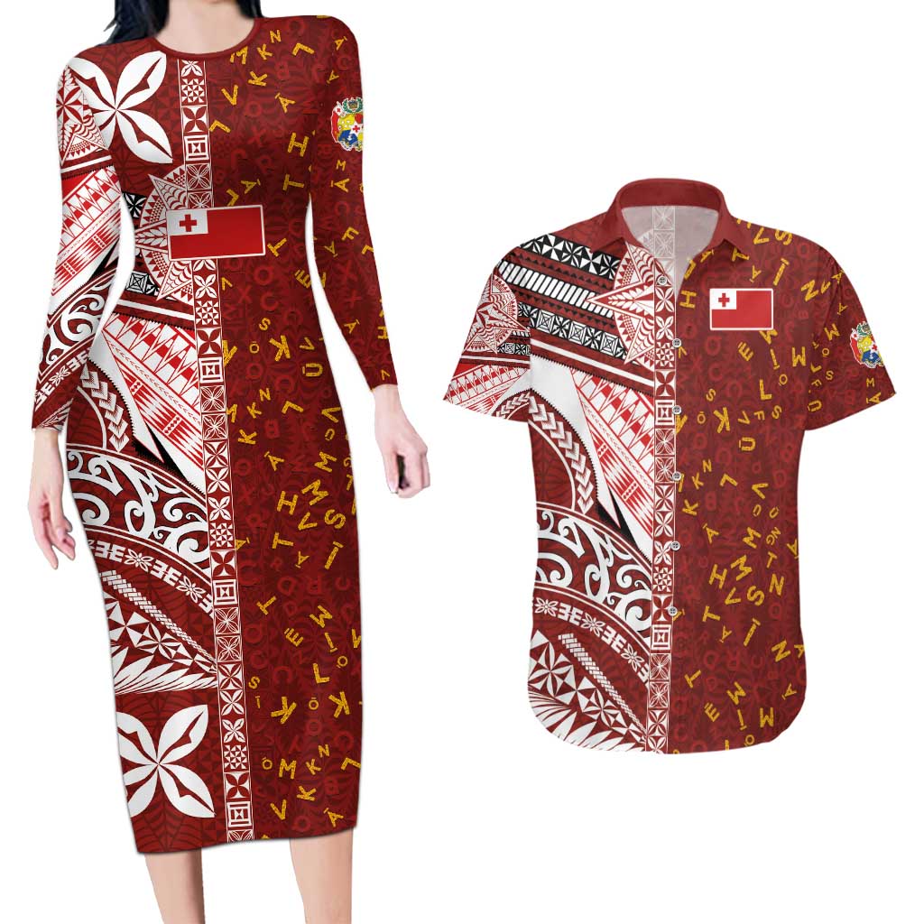 Tonga Language Week Couples Matching Long Sleeve Bodycon Dress and Hawaiian Shirt Ngatu Pattern and Tongan Alphabet - Polynesian Pride