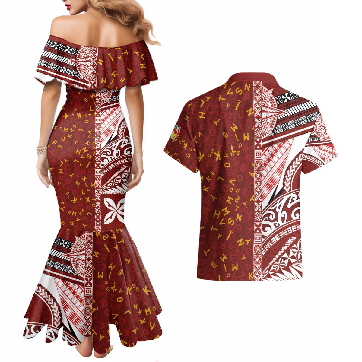 Tonga Language Week Couples Matching Mermaid Dress and Hawaiian Shirt Ngatu Pattern and Tongan Alphabet - Polynesian Pride