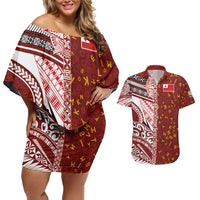 Tonga Language Week Couples Matching Off Shoulder Short Dress and Hawaiian Shirt Ngatu Pattern and Tongan Alphabet - Polynesian Pride