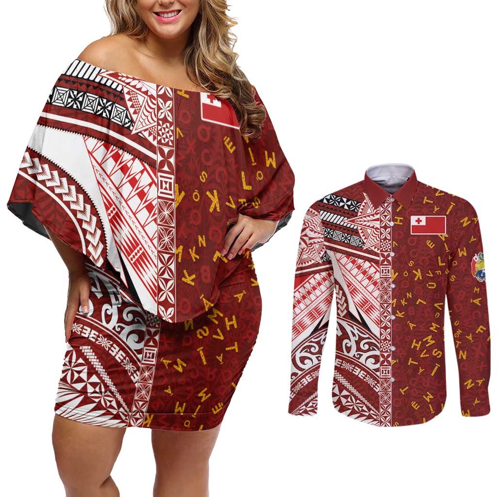 Tonga Language Week Couples Matching Off Shoulder Short Dress and Long Sleeve Button Shirt Ngatu Pattern and Tongan Alphabet - Polynesian Pride