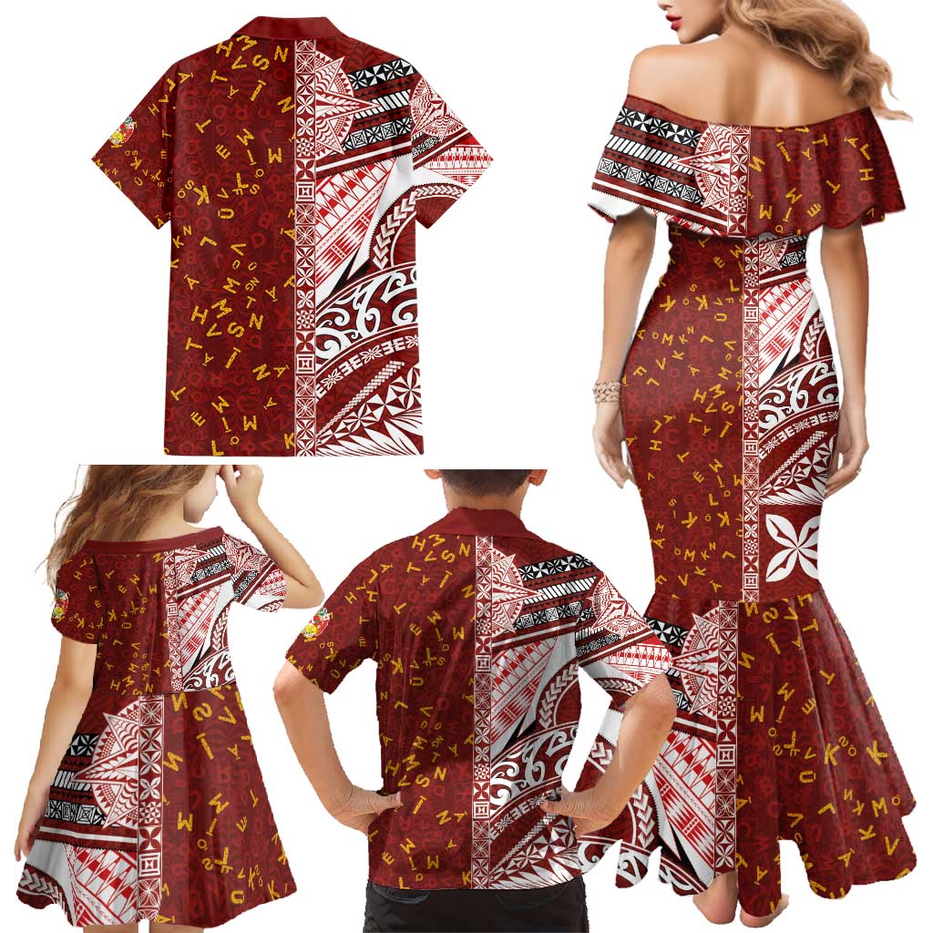 Tonga Language Week Family Matching Mermaid Dress and Hawaiian Shirt Ngatu Pattern and Tongan Alphabet - Polynesian Pride