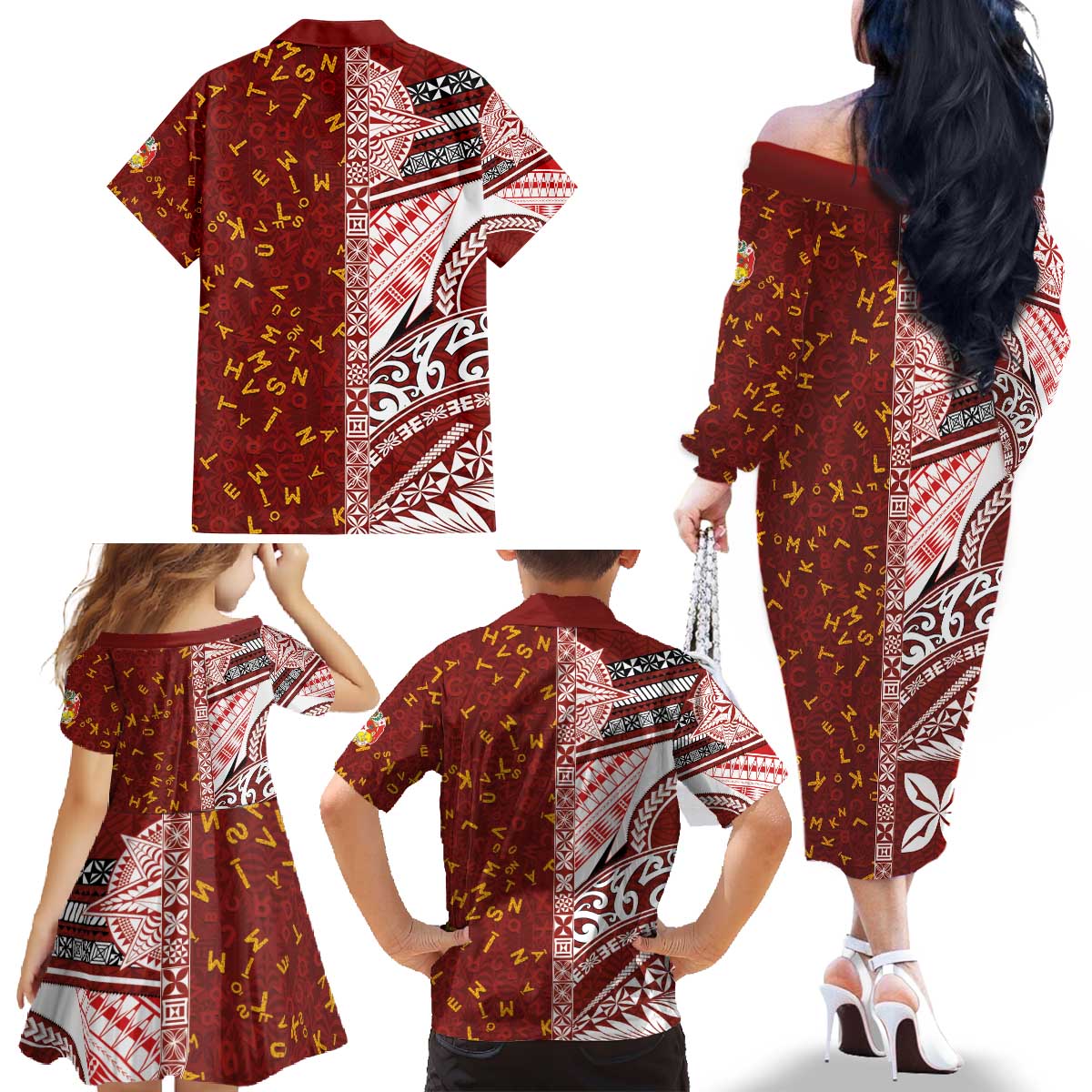 Tonga Language Week Family Matching Off The Shoulder Long Sleeve Dress and Hawaiian Shirt Ngatu Pattern and Tongan Alphabet - Polynesian Pride