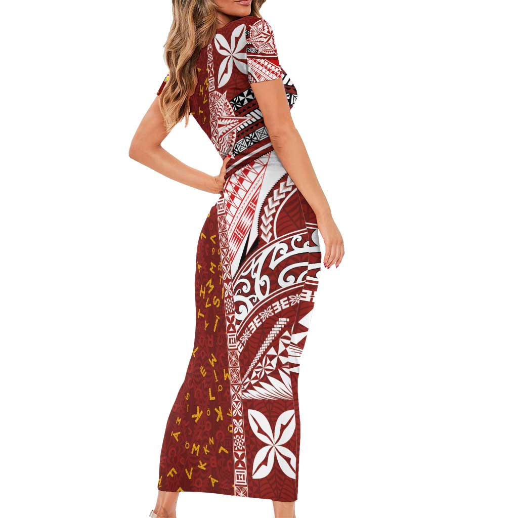 Tonga Language Week Family Matching Short Sleeve Bodycon Dress and Hawaiian Shirt Ngatu Pattern and Tongan Alphabet - Polynesian Pride