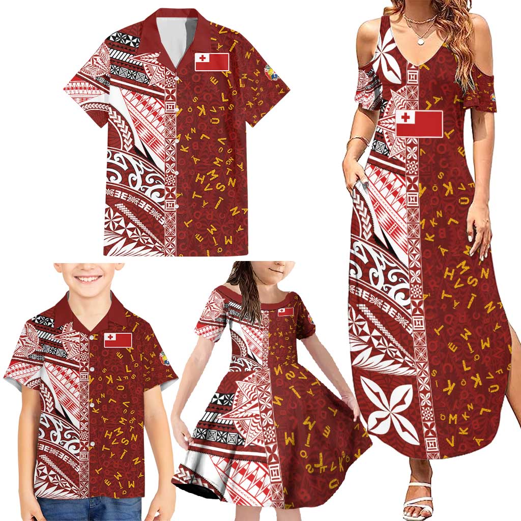 Tonga Language Week Family Matching Summer Maxi Dress and Hawaiian Shirt Ngatu Pattern and Tongan Alphabet - Polynesian Pride
