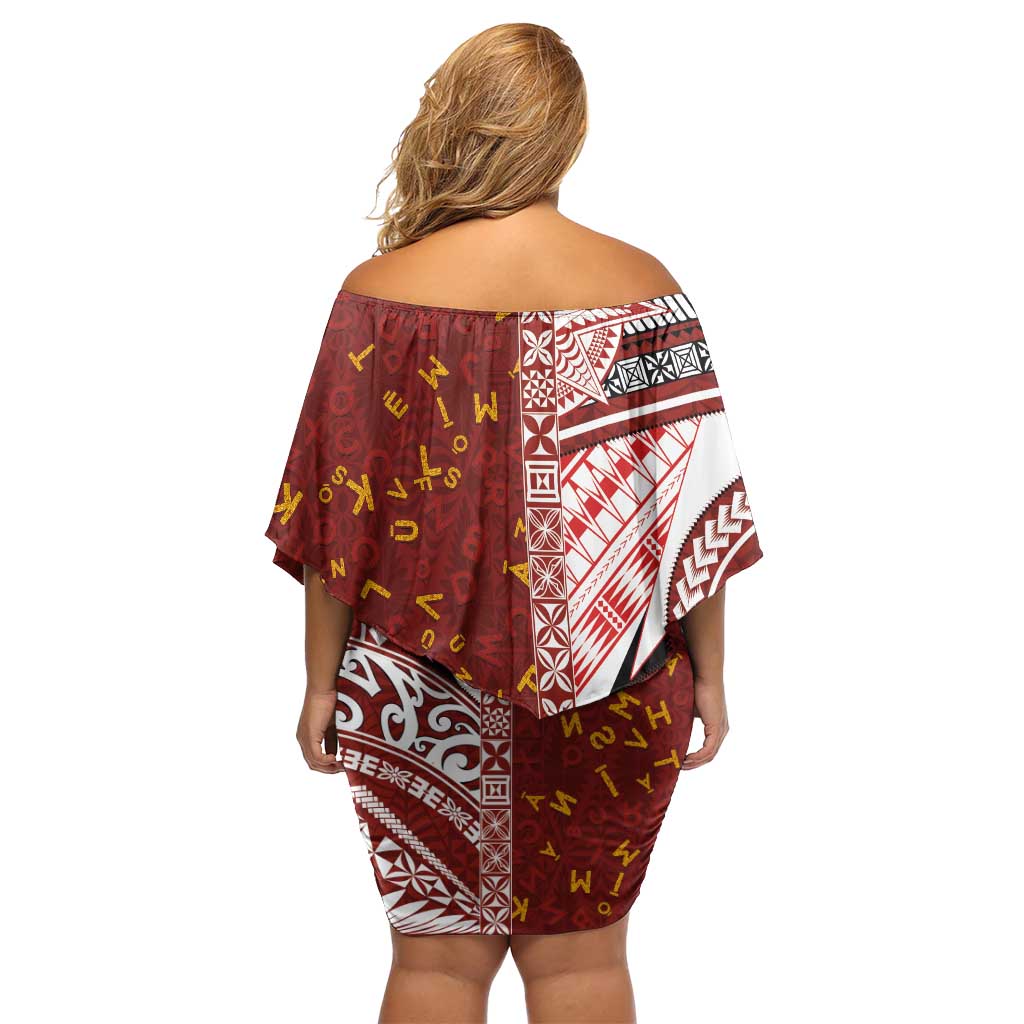 Tonga Language Week Off Shoulder Short Dress Ngatu Pattern and Tongan Alphabet - Polynesian Pride