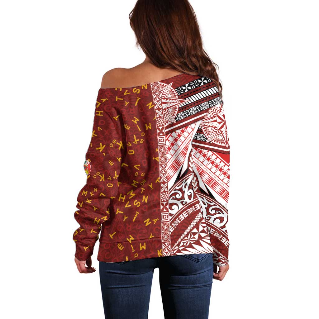Tonga Language Week Off Shoulder Sweater Ngatu Pattern and Tongan Alphabet - Polynesian Pride