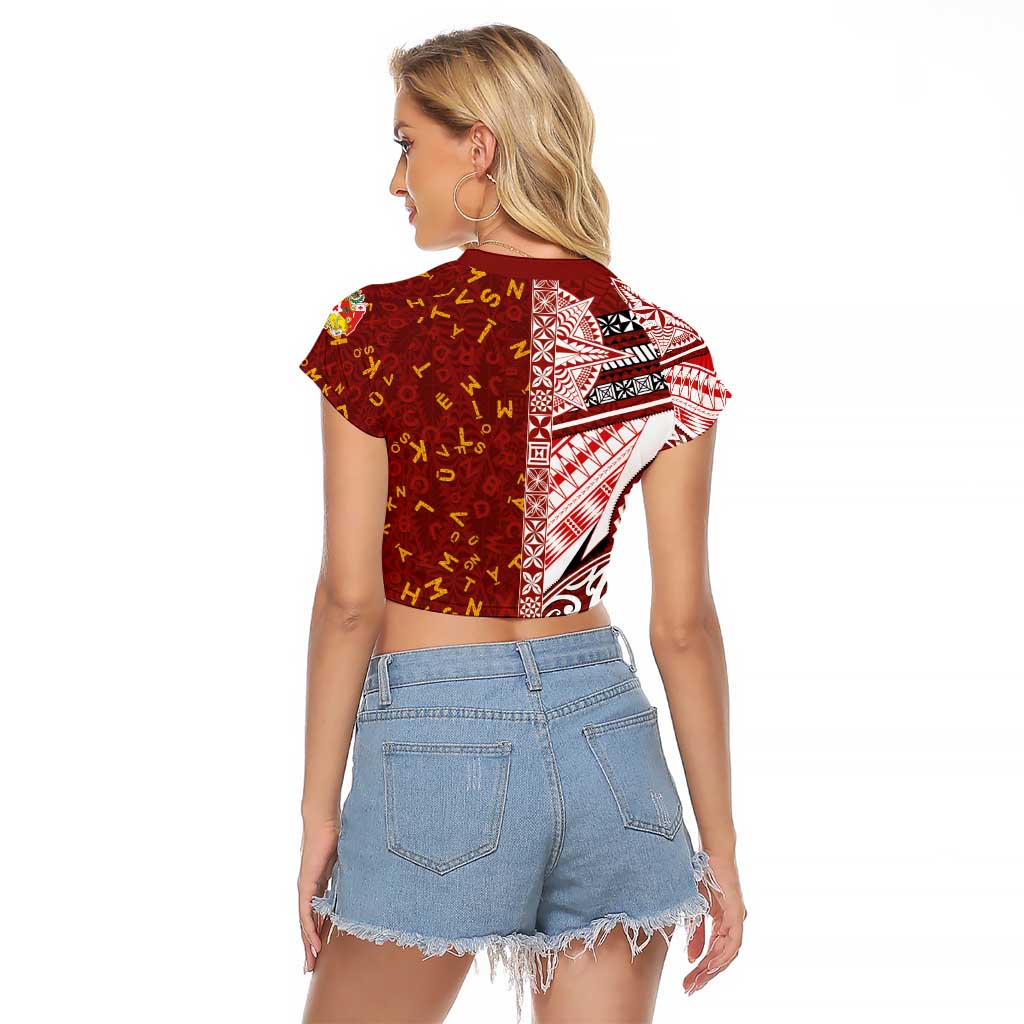 Tonga Language Week Raglan Cropped T Shirt Ngatu Pattern and Tongan Alphabet - Polynesian Pride