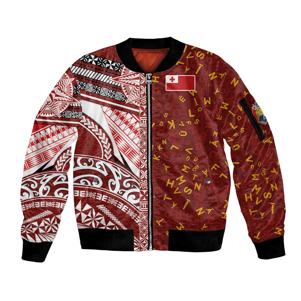 Tonga Language Week Sleeve Zip Bomber Jacket Ngatu Pattern and Tongan Alphabet - Polynesian Pride