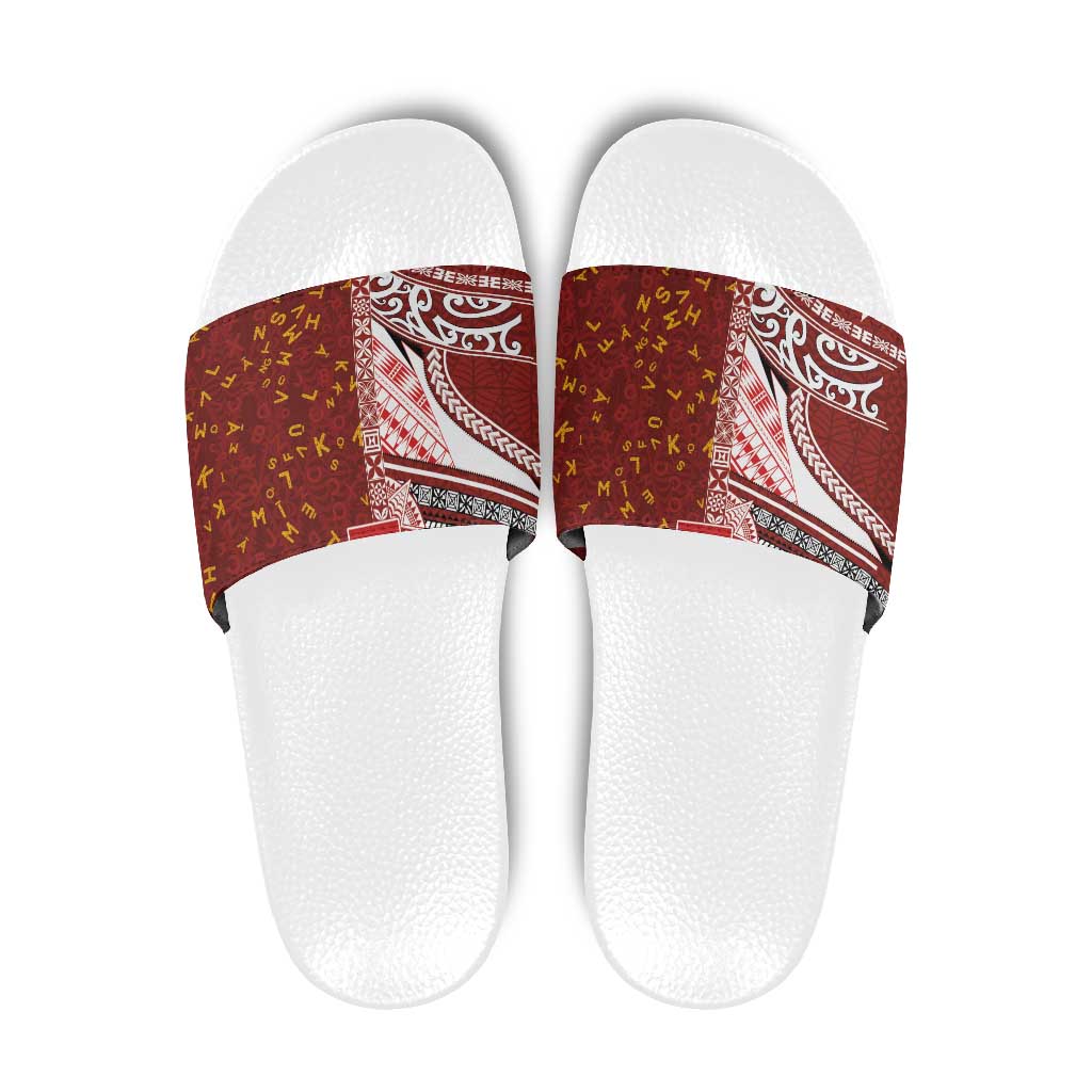 Tonga Language Week Slide Sandals Ngatu Pattern and Tongan Alphabet - Polynesian Pride