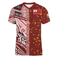 Tonga Language Week Women V-Neck T-Shirt Ngatu Pattern and Tongan Alphabet - Polynesian Pride