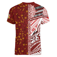 Tonga Language Week Women V-Neck T-Shirt Ngatu Pattern and Tongan Alphabet - Polynesian Pride