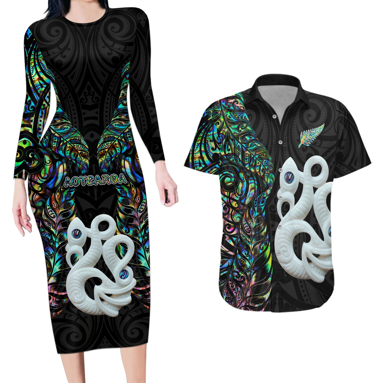 New Zealand Couples Matching Long Sleeve Bodycon Dress and Hawaiian Shirt Silver Fern and Manaia with Papua Shell Maori Tribal LT03 White - Polynesian Pride