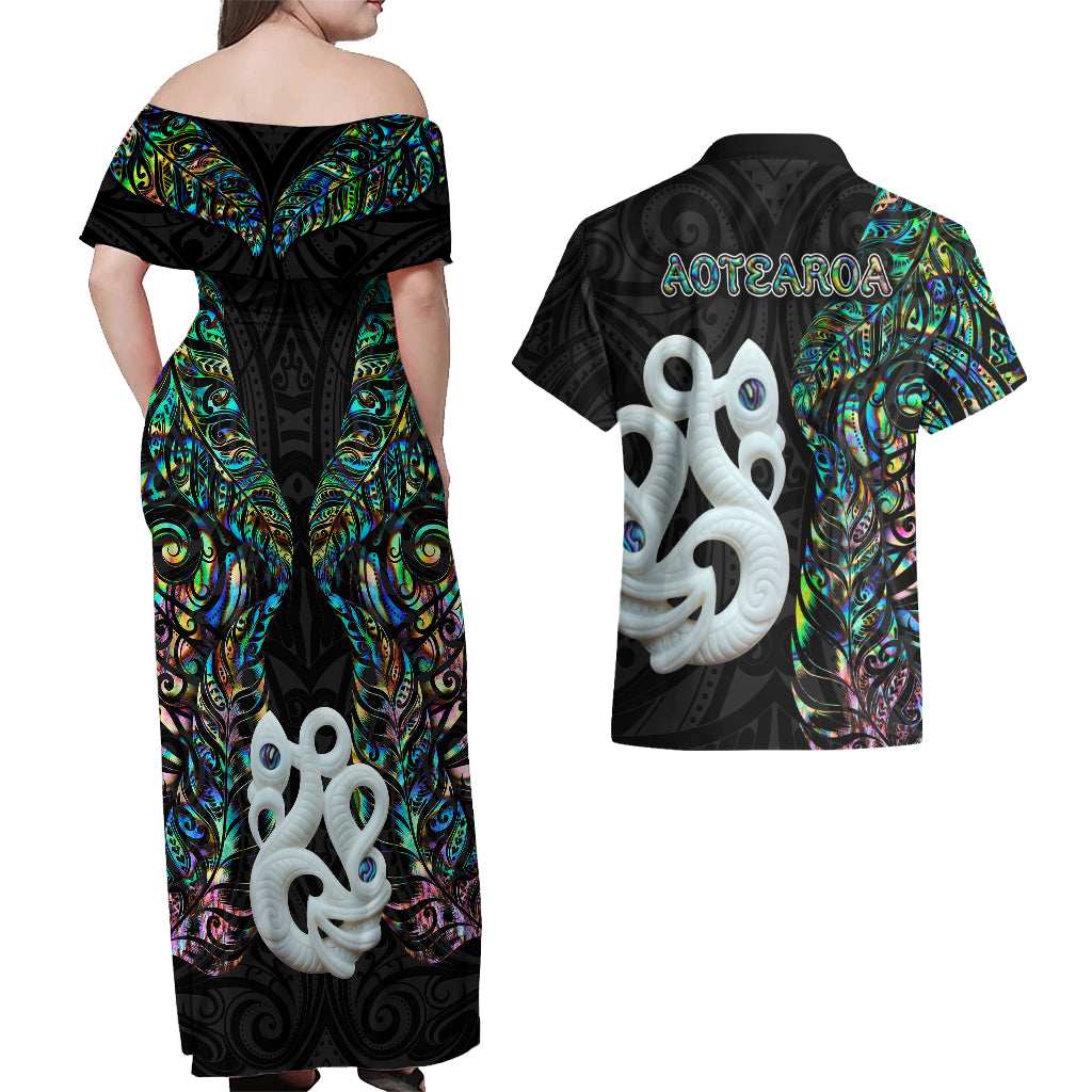 New Zealand Couples Matching Off Shoulder Maxi Dress and Hawaiian Shirt Silver Fern and Manaia with Papua Shell Maori Tribal LT03 - Polynesian Pride