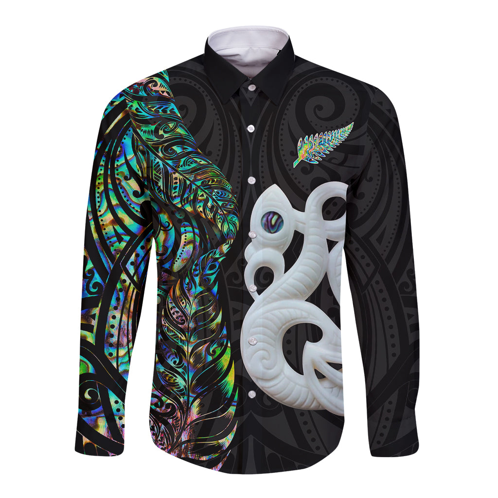 New Zealand Long Sleeve Button Shirt Silver Fern and Manaia with Papua Shell Maori Tribal LT03 Unisex White - Polynesian Pride