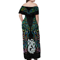 New Zealand Off Shoulder Maxi Dress Silver Fern and Manaia with Papua Shell Maori Tribal LT03 - Polynesian Pride