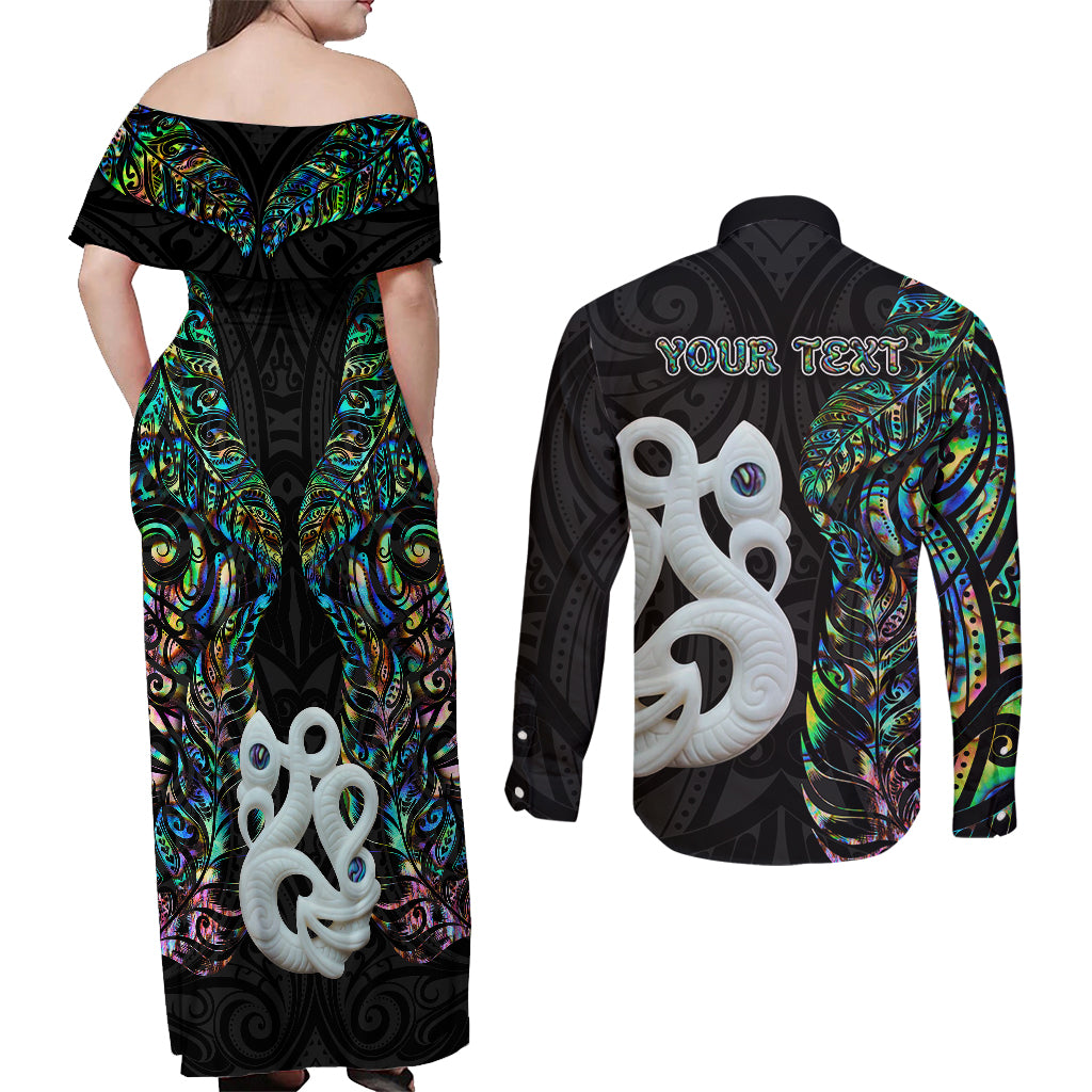 Custom New Zealand Couples Matching Off Shoulder Maxi Dress and Long Sleeve Button Shirts Silver Fern and Manaia with Papua Shell Maori Tribal LT03 - Polynesian Pride