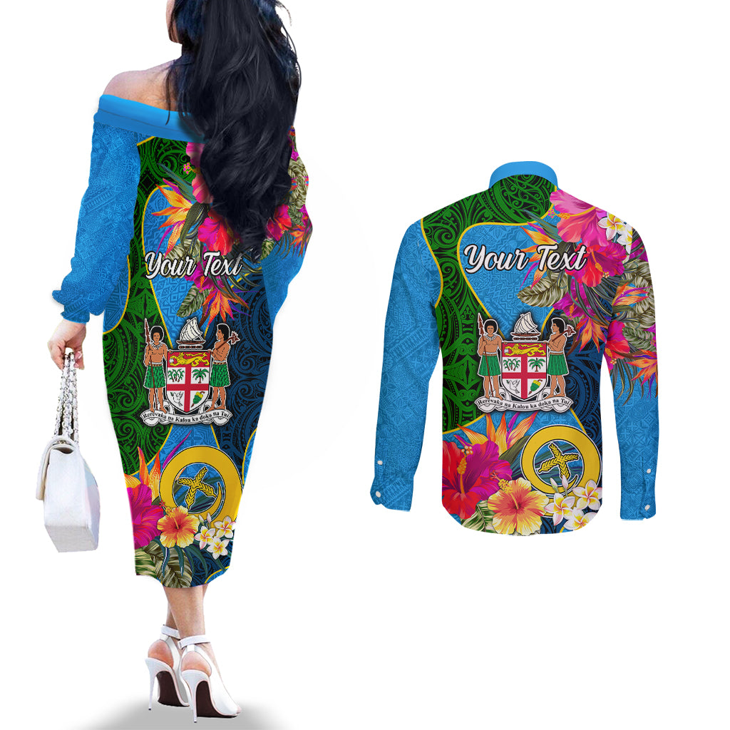 Personalised Malampa Fiji Day Couples Matching Off The Shoulder Long Sleeve Dress and Long Sleeve Button Shirts Tropical Plants Mix Polynesian and Tapa Pattern LT03 - Polynesian Pride