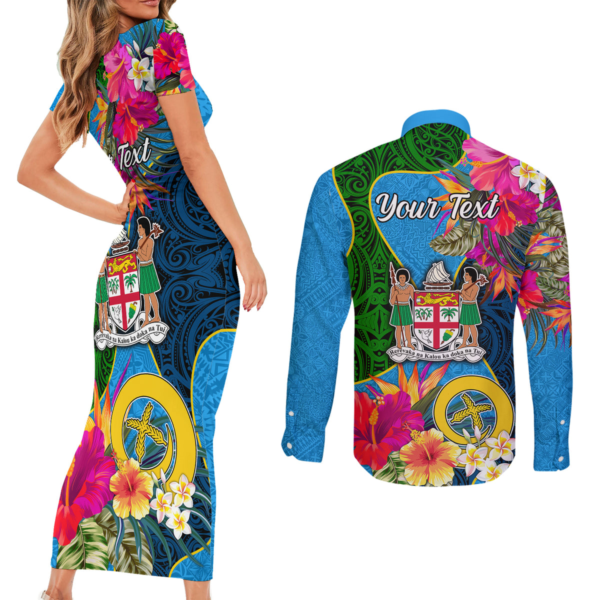 Personalised Malampa Fiji Day Couples Matching Short Sleeve Bodycon Dress and Long Sleeve Button Shirts Tropical Plants Mix Polynesian and Tapa Pattern LT03 - Polynesian Pride