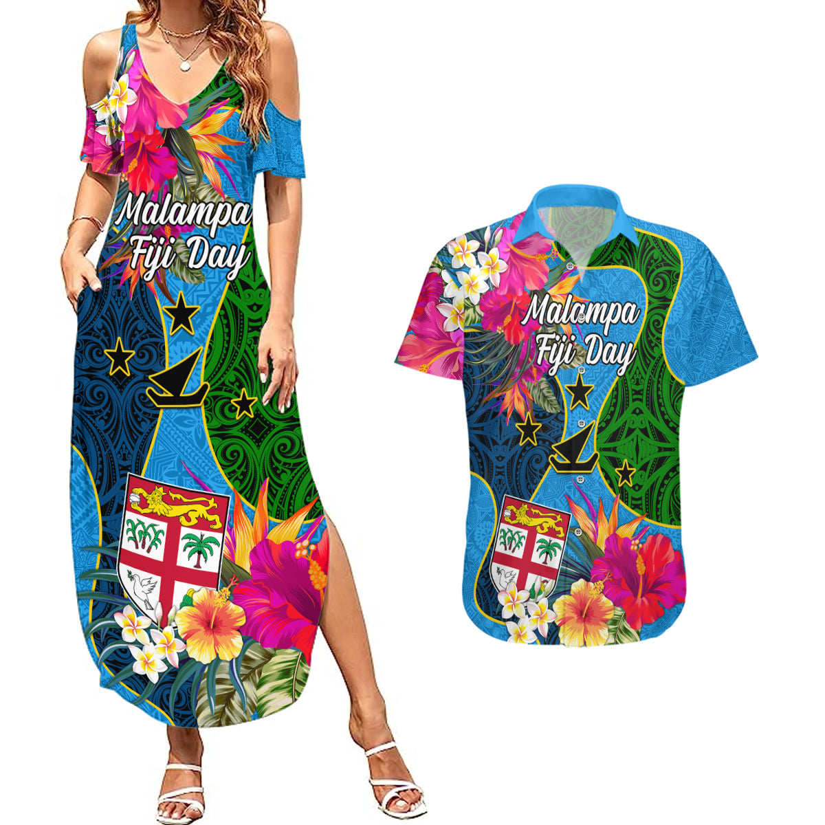 Personalised Malampa Fiji Day Couples Matching Summer Maxi Dress and Hawaiian Shirt Tropical Plants Mix Polynesian and Tapa Pattern LT03 Blue - Polynesian Pride