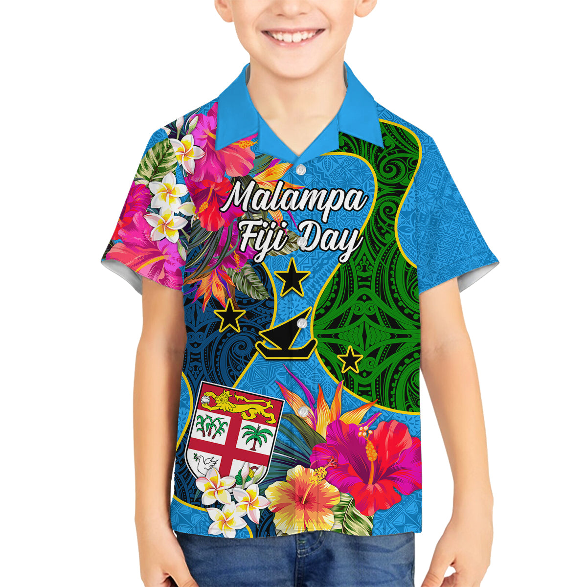 Personalised Malampa Fiji Day Family Matching Long Sleeve Bodycon Dress and Hawaiian Shirt Tropical Plants Mix Polynesian and Tapa Pattern LT03 Son's Shirt Blue - Polynesian Pride