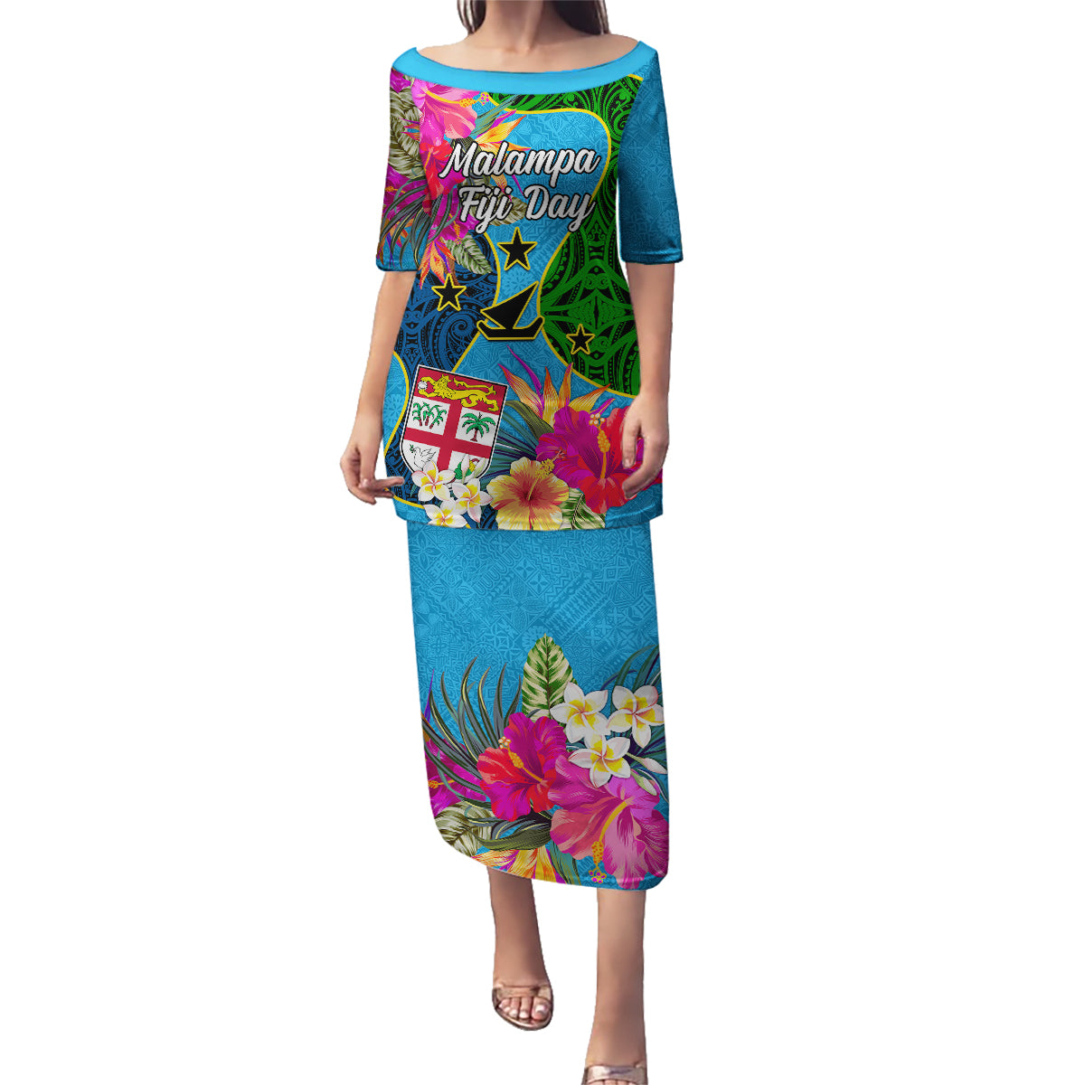 Personalised Malampa Fiji Day Family Matching Puletasi Dress and Hawaiian Shirt Tropical Plants Mix Polynesian and Tapa Pattern LT03 Mom's Dress Blue - Polynesian Pride