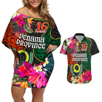 Penama Day Couples Matching Off Shoulder Short Dress and Hawaiian Shirt Proud To Be A Ni-Van Beauty Pacific Flower LT03 Black - Polynesian Pride