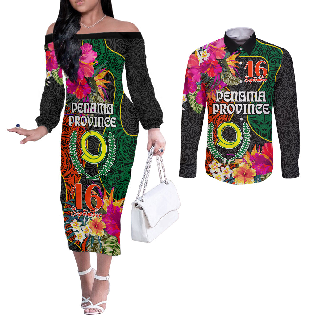 Personalised Penama Day Couples Matching Off The Shoulder Long Sleeve Dress and Long Sleeve Button Shirts Proud To Be A Ni-Van Beauty Pacific Flower LT03 Black - Polynesian Pride