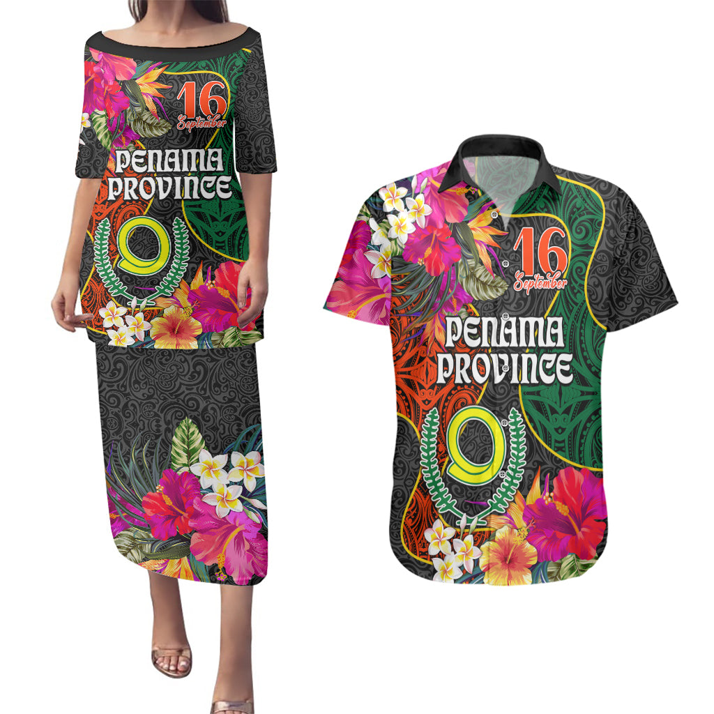 Personalised Penama Day Couples Matching Puletasi Dress and Hawaiian Shirt Proud To Be A Ni-Van Beauty Pacific Flower LT03 Black - Polynesian Pride