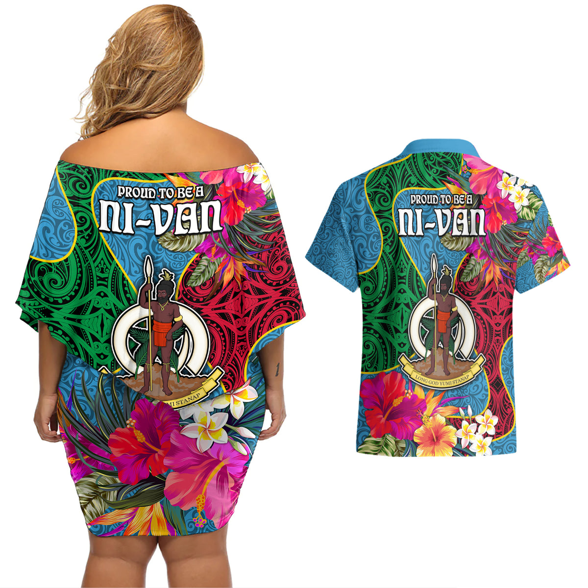 Sanma Day Couples Matching Off Shoulder Short Dress and Hawaiian Shirt Proud To Be A Ni-Van Beauty Pacific Flower LT03 - Polynesian Pride