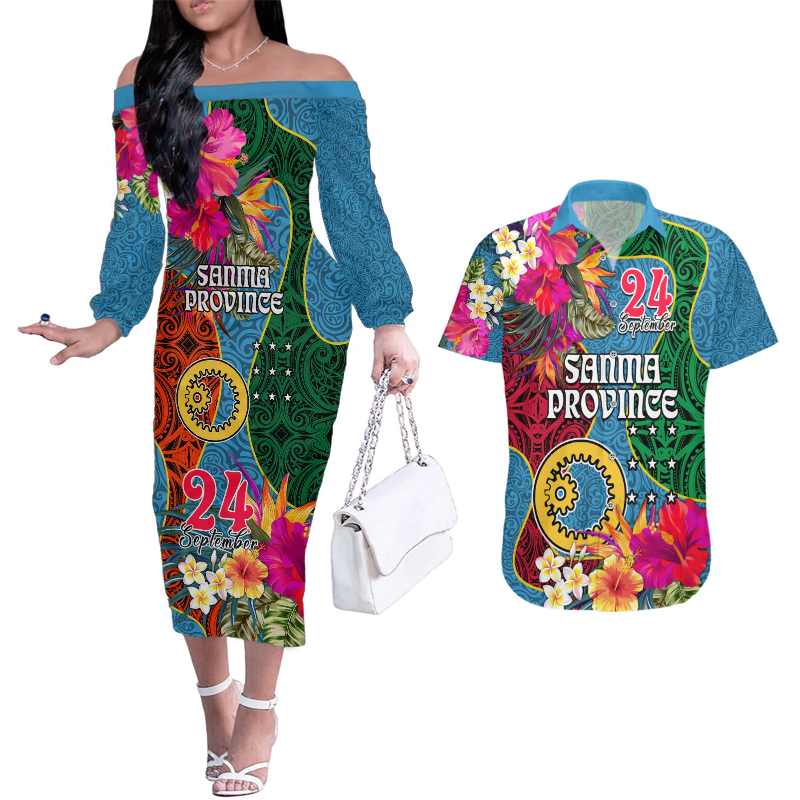 Sanma Day Couples Matching Off The Shoulder Long Sleeve Dress and Hawaiian Shirt Proud To Be A Ni-Van Beauty Pacific Flower LT03 Blue - Polynesian Pride