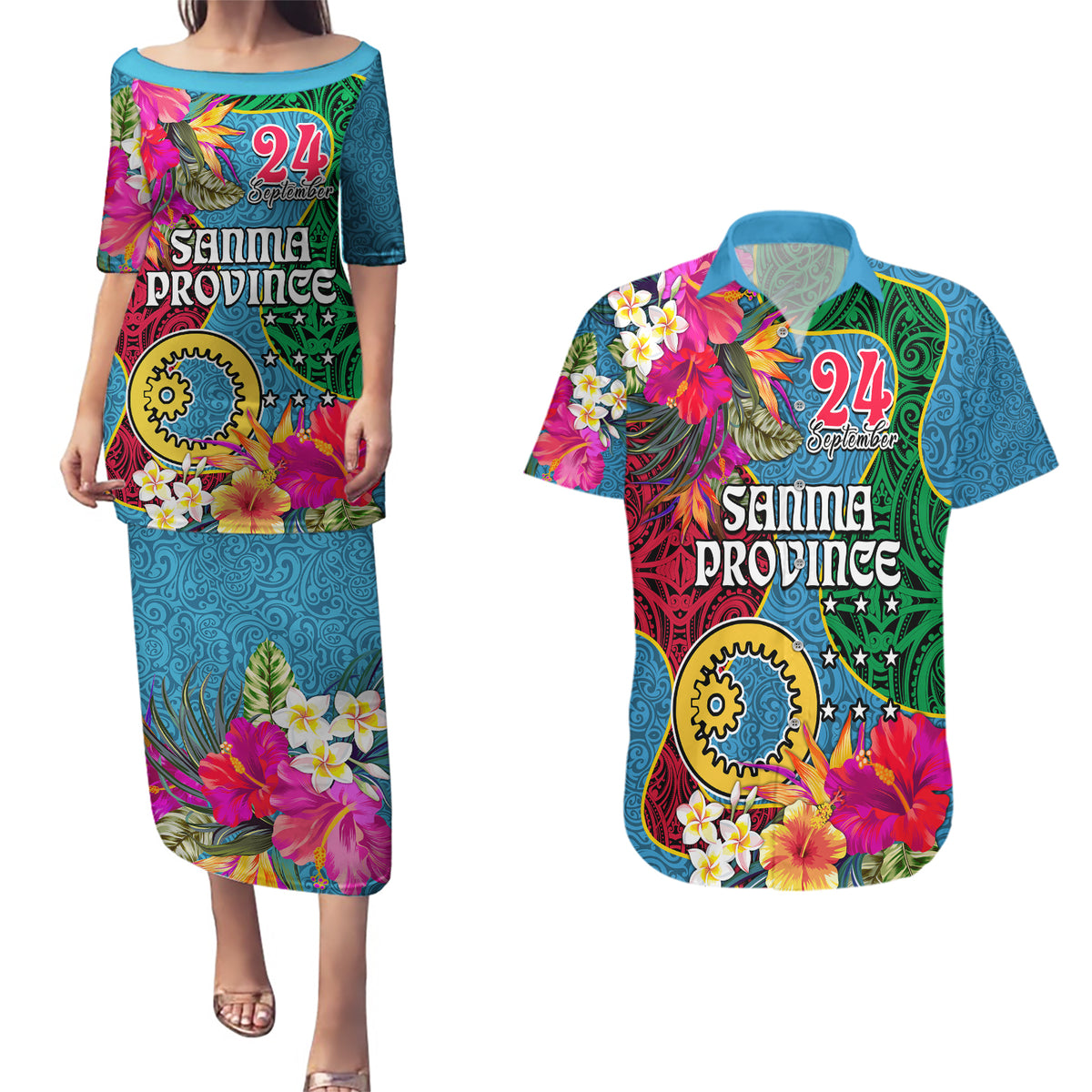 Sanma Day Couples Matching Puletasi Dress and Hawaiian Shirt Proud To Be A Ni-Van Beauty Pacific Flower LT03 Blue - Polynesian Pride