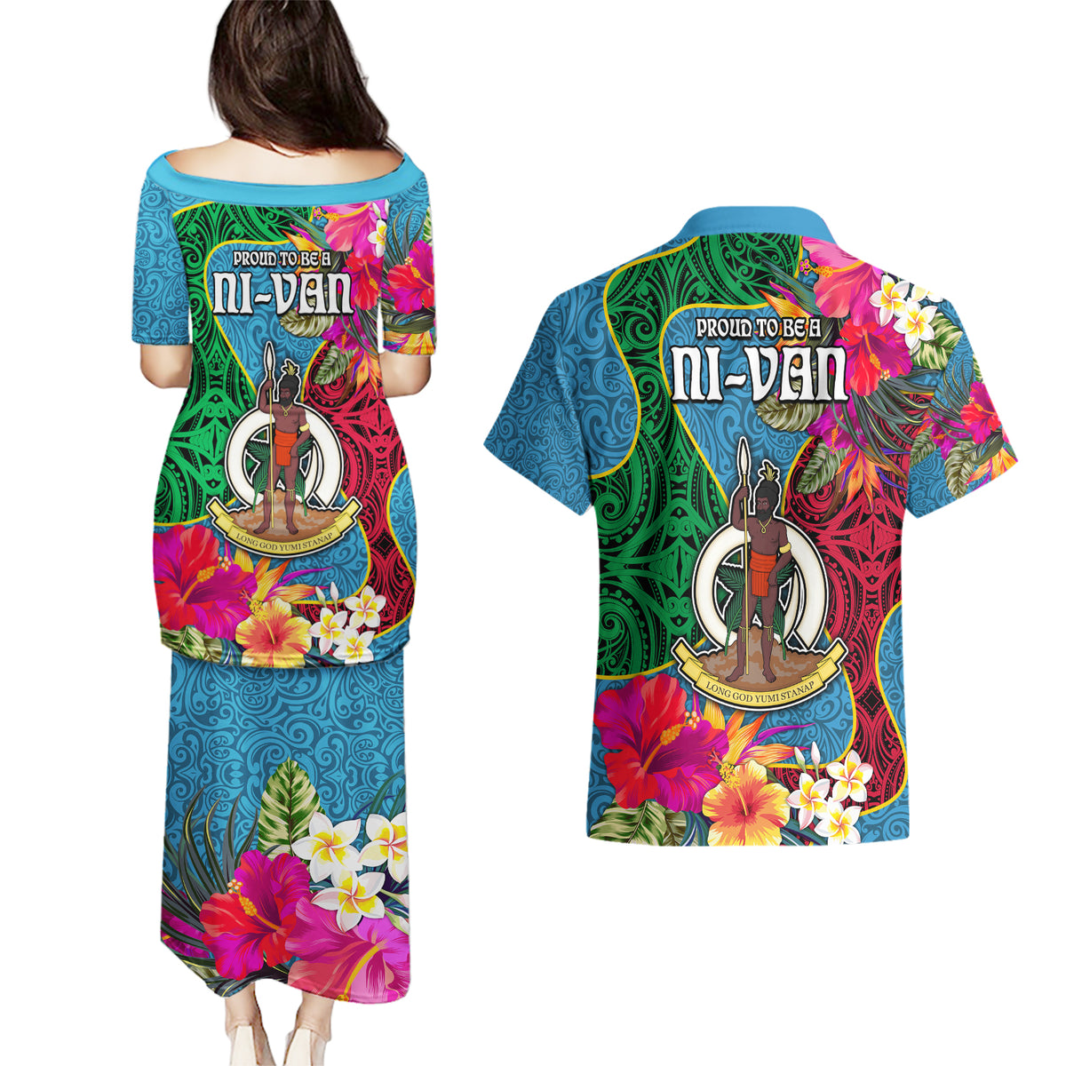 Sanma Day Couples Matching Puletasi Dress and Hawaiian Shirt Proud To Be A Ni-Van Beauty Pacific Flower LT03 - Polynesian Pride