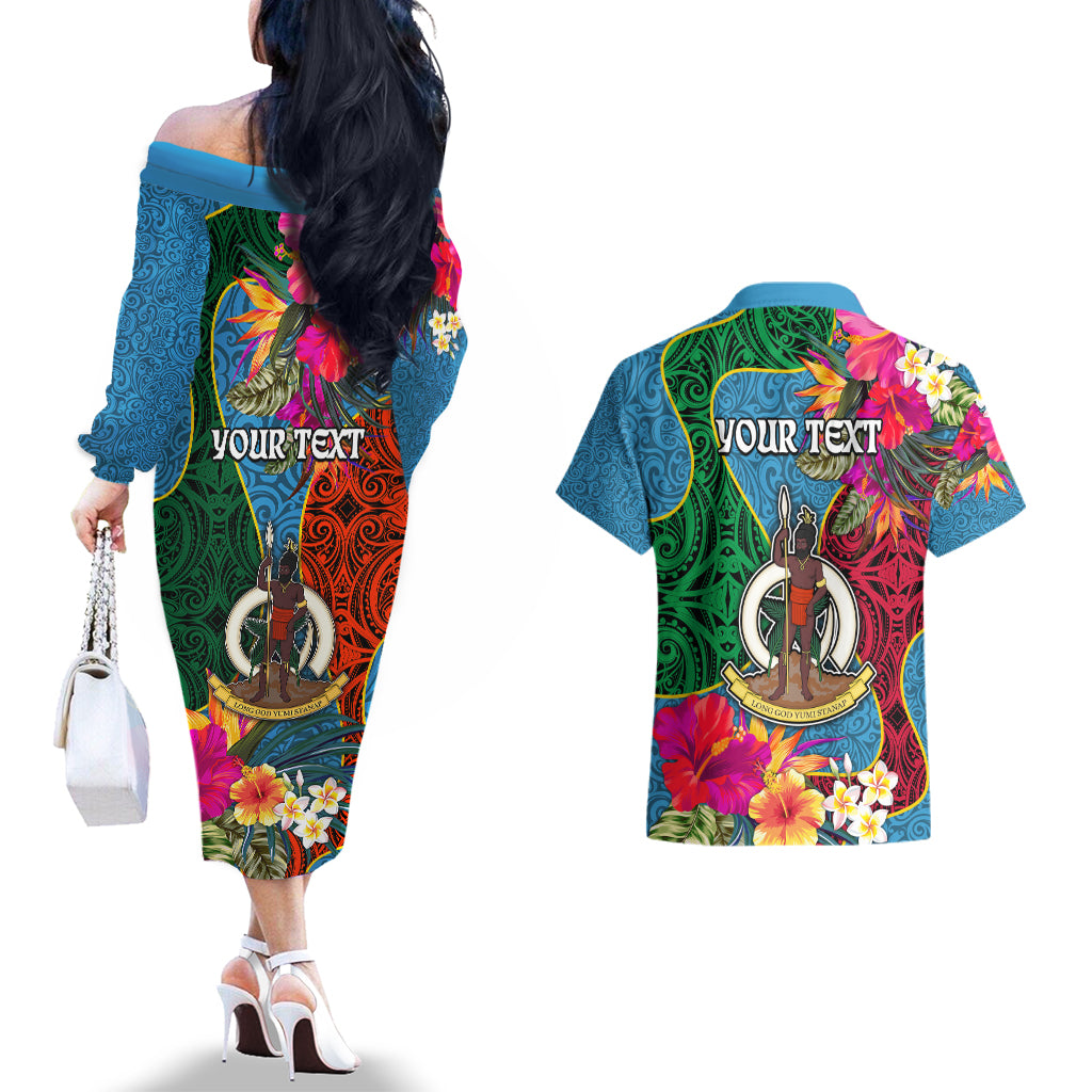 Personalised Sanma Day Couples Matching Off The Shoulder Long Sleeve Dress and Hawaiian Shirt Proud To Be A Ni-Van Beauty Pacific Flower LT03 - Polynesian Pride